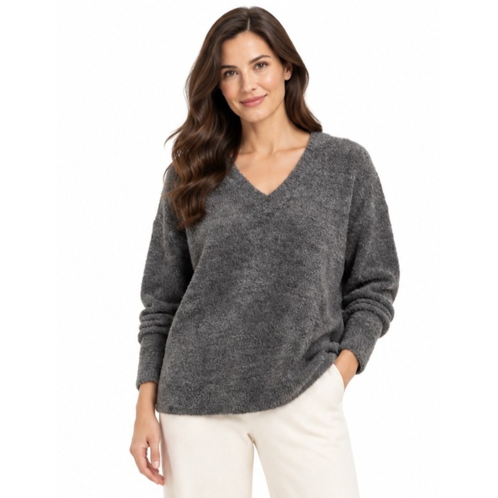 Barefoot Dreams CozyChic Open V-Neck Pullover Sweater Carbon-Smokey Gray NWT L